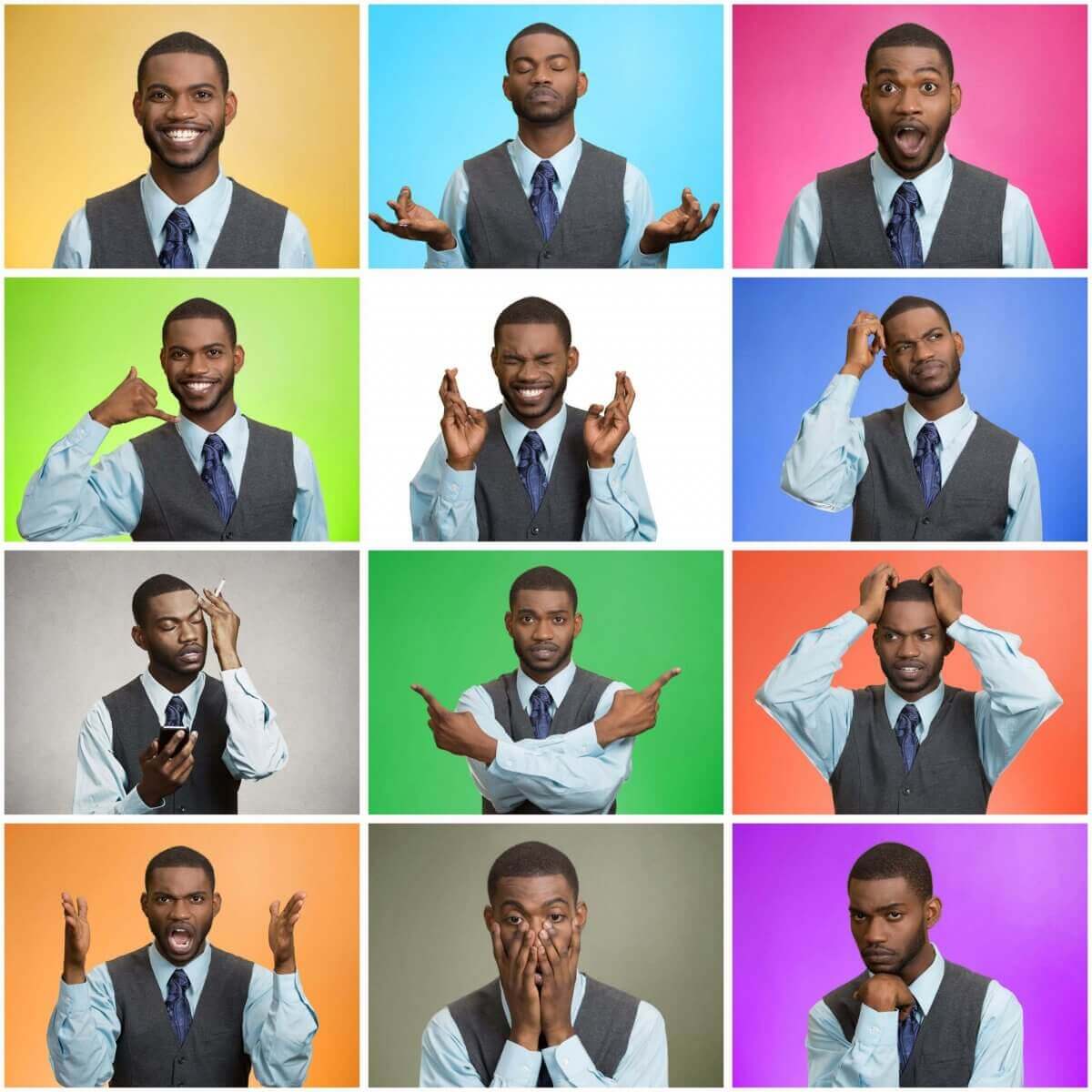 A black man providing a lesson for how to read facial expressions and body language