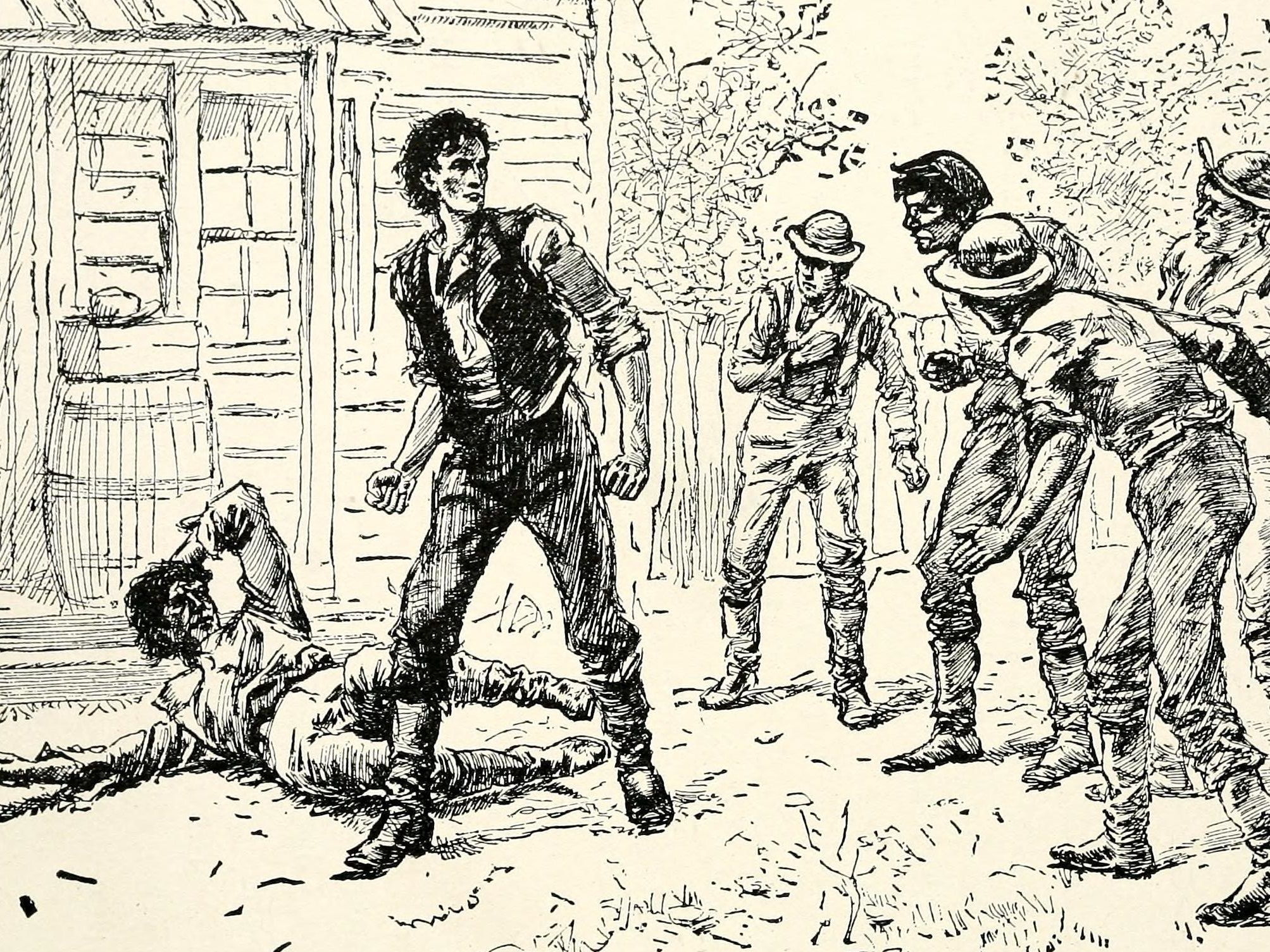 Drawing of Abraham Lincoln winning a wrestling bout