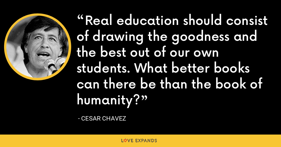 Real education should consist of drawing the goodness and the best out of our own students. What better books can there be than the book of humanity? - Cesar Chavez